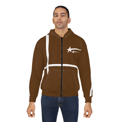 Nebular Star Zip Hoodie — Brown Graphic Zip-Up Hoodie with 'Nebular Studios' Logo