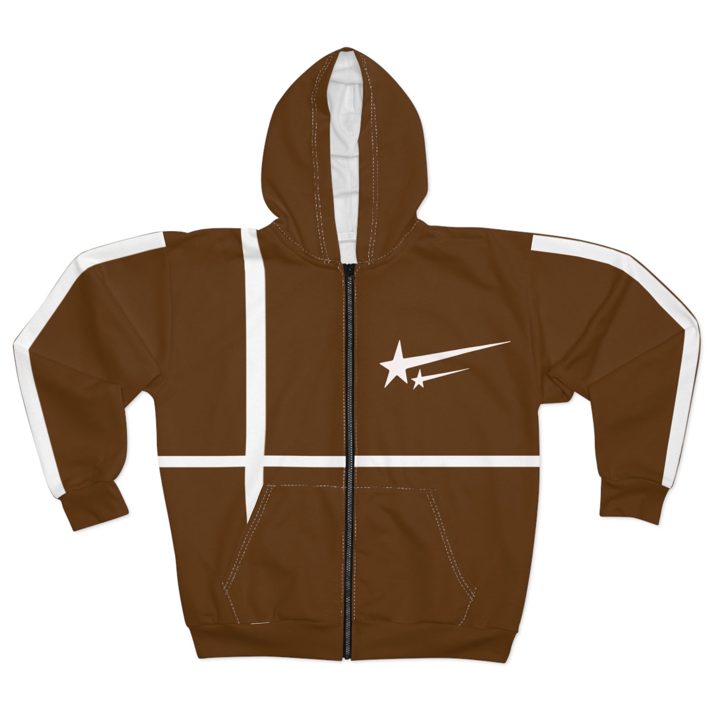Nebular Star Zip Hoodie — Brown Graphic Zip-Up Hoodie with 'Nebular Studios' Logo