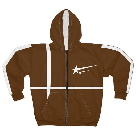 Nebular Star Zip Hoodie — Brown Graphic Zip-Up Hoodie with 'Nebular Studios' Logo