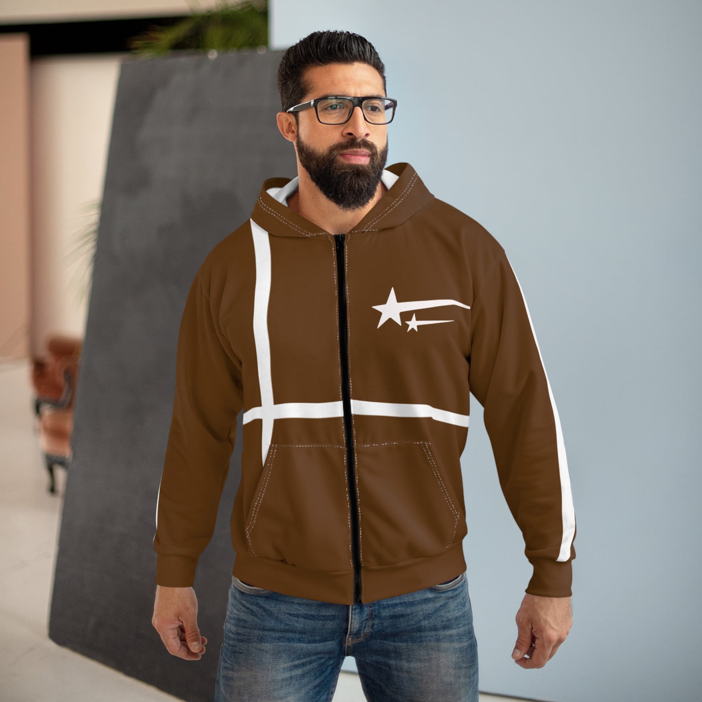 Nebular Star Zip Hoodie — Brown Graphic Zip-Up Hoodie with 'Nebular Studios' Logo