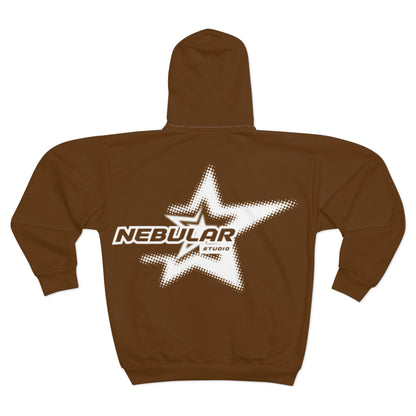 Nebular Star Zip Hoodie — Brown Graphic Zip-Up Hoodie with 'Nebular Studios' Logo
