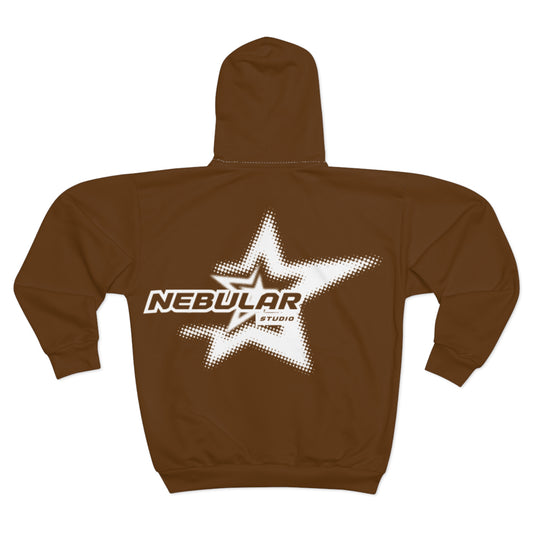 Nebular Star Zip Hoodie — Brown Graphic Zip-Up Hoodie with 'Nebular Studios' Logo